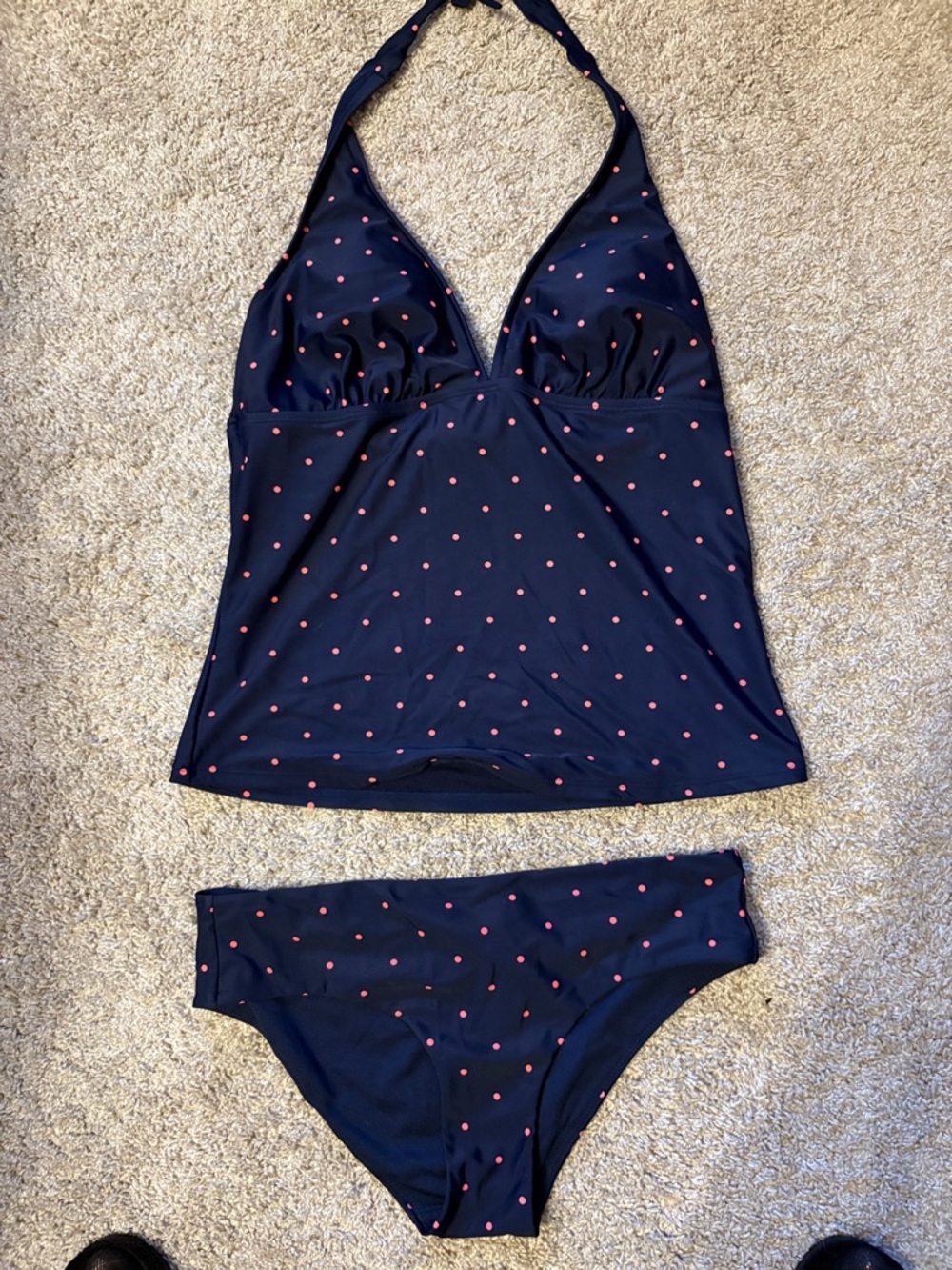 Navy Halter Tankini One-Piece with Pink Dot Print